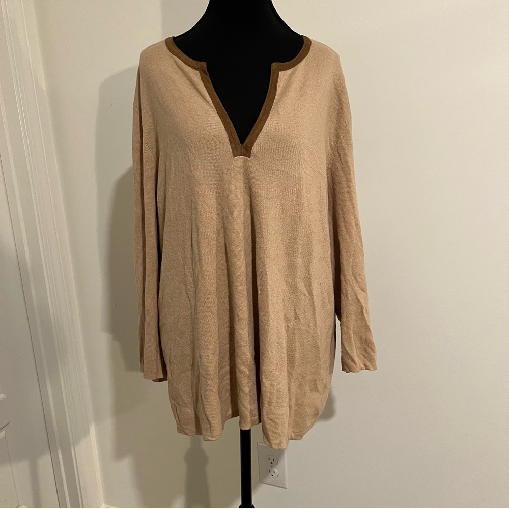 Lauren Ralph Lauren Tunic Sweater Knit Tan Brown V Neck Faux Suede Trim 3X
